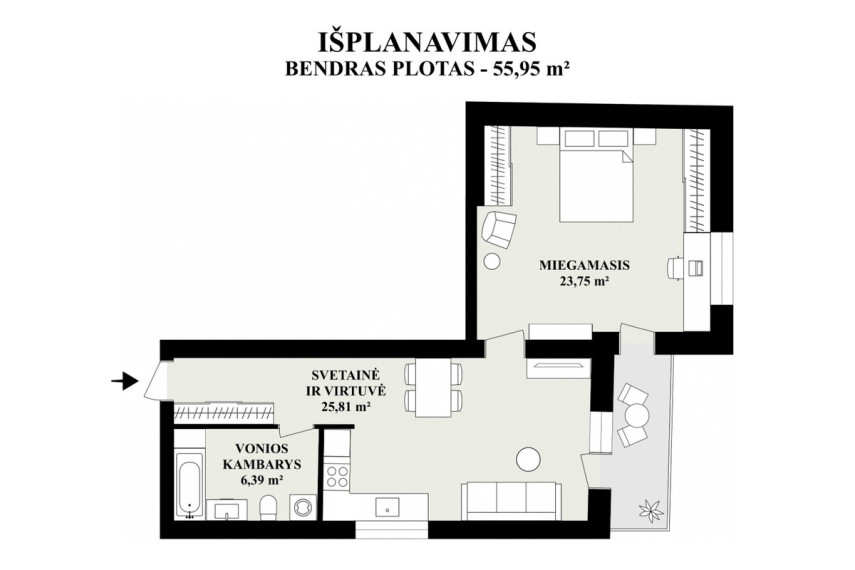 Parduodamas butas Mėtų g., Bajorų k., Vilniaus r. sav., 55.95 m2 ploto, 2 kambariai 25