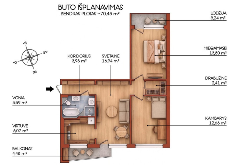Parduodamas butas Viršuliškių g., Vilniaus m., Vilniaus m. sav., 70.48 m2 ploto, 3 kambariai 31