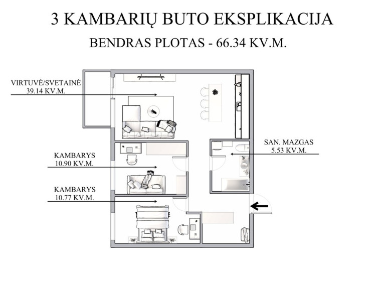 Parduodamas butas Visorių g., Vilniaus m., Vilniaus m. sav., 66.34 m2 ploto, 3 kambariai 25