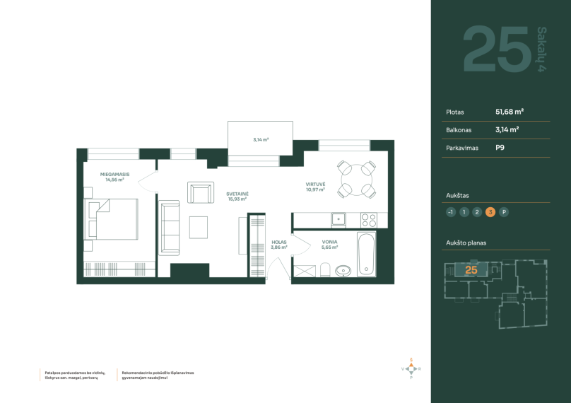 Parduodamas butas Sakalų g., Žvėrynas, Vilniaus m., Vilniaus m. sav., 51.68 m² ploto 2 kambariai 16