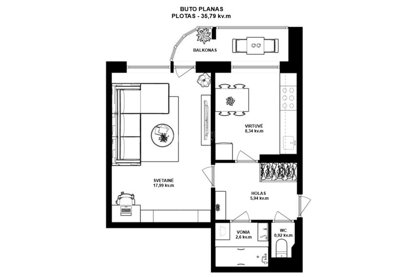 Parduodamas butas Vydūno g., Pilaitė, Vilniaus m., Vilniaus m. sav., 35.79 m2 ploto, 1 kambariai 9