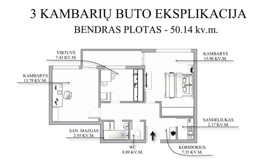 Parduodamas butas Taikos g., Vilniaus m., Vilniaus m. sav., 50.14 m2 ploto, 2 kambariai 20