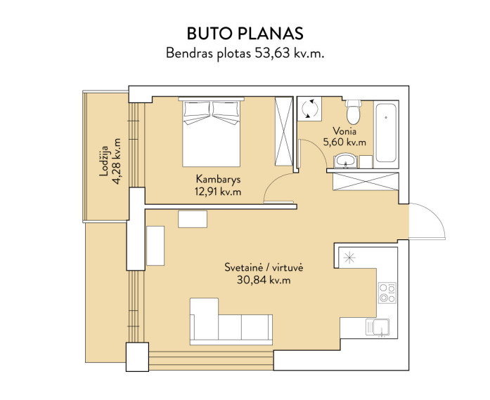 Nuomojamas butas Rygos g., Vilniaus m., Vilniaus m. sav., 53.63 m2 ploto, 2 kambariai 20