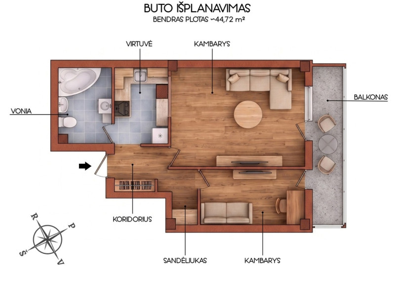 Parduodamas butas Vėtrungių g., Vilniaus m., Vilniaus m. sav., 44.72 m2 ploto, 2 kambariai 5