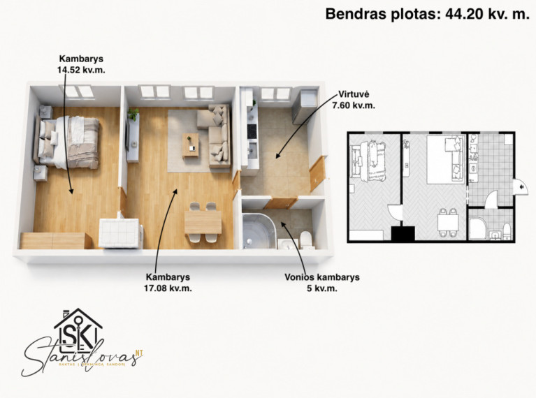 ANTRAME AUKŠTE PARDUODAMAS 2 KAMBARIŲ BUTAS RUSNĖJE, NERINGOS G. 11 4
