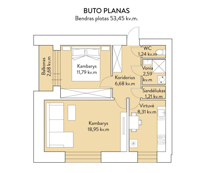 Parduodamas butas Liepų g., Molėtų m., Molėtų r. sav., 53.45 m² ploto 2 kambariai 11