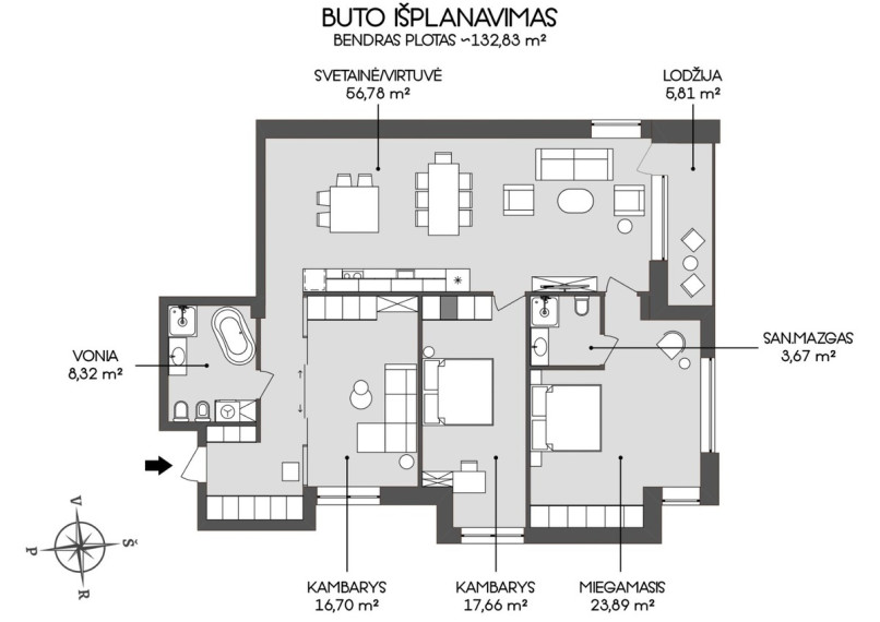 Nuomojamas butas Laisvės al., Kauno m., Kauno m. sav., 133 m2 ploto, 4 kambariai 48