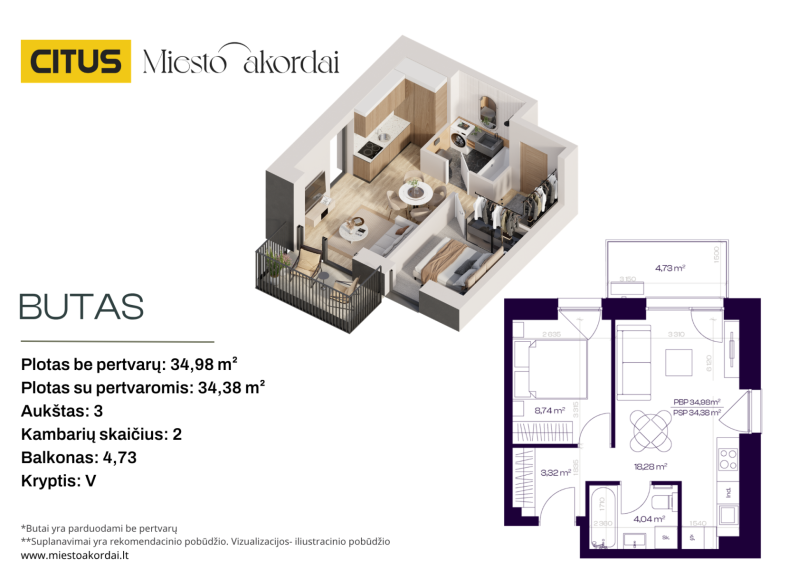 Parduodamas butas Trimitų g., Šnipiškės, Vilniaus m., Vilniaus m. sav., 34.98 m² ploto 2 kambariai 2